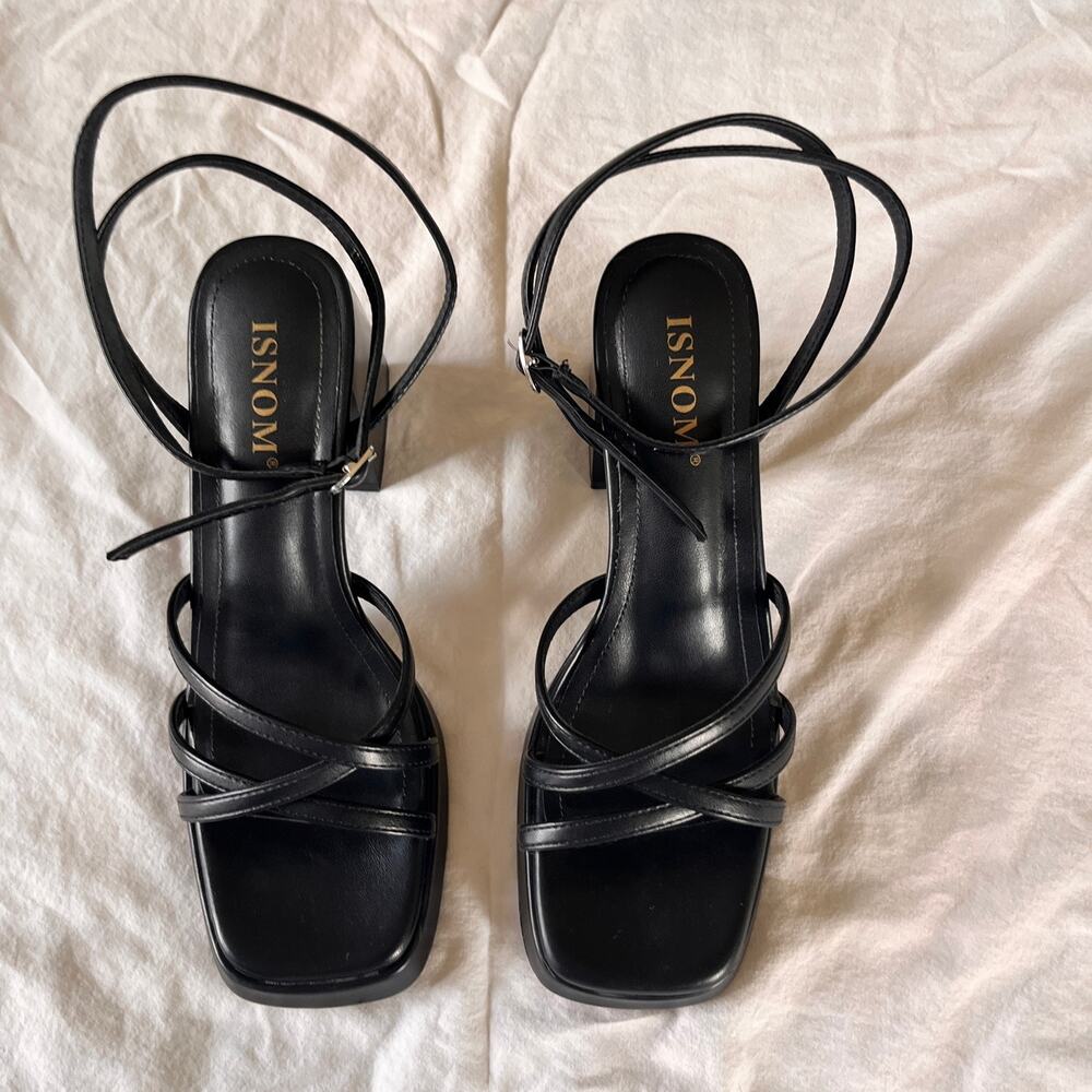 ISNOM Black Strappy Square Toe Block Heel Sandals Ankle Wrap Size 7.5 / 38